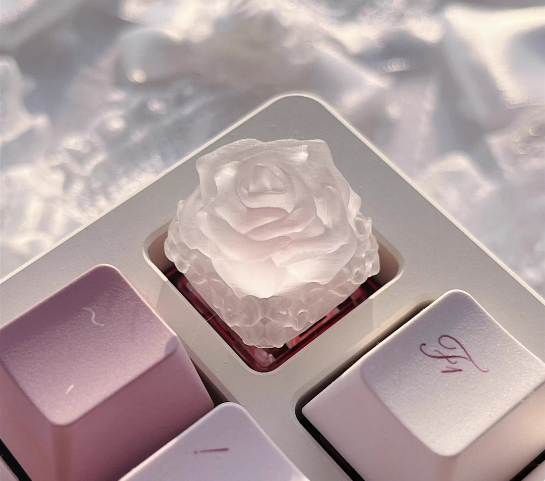 Ice rose mist translucent cute transparent resin personalized keycaps, rose shaped decorative art keycaps