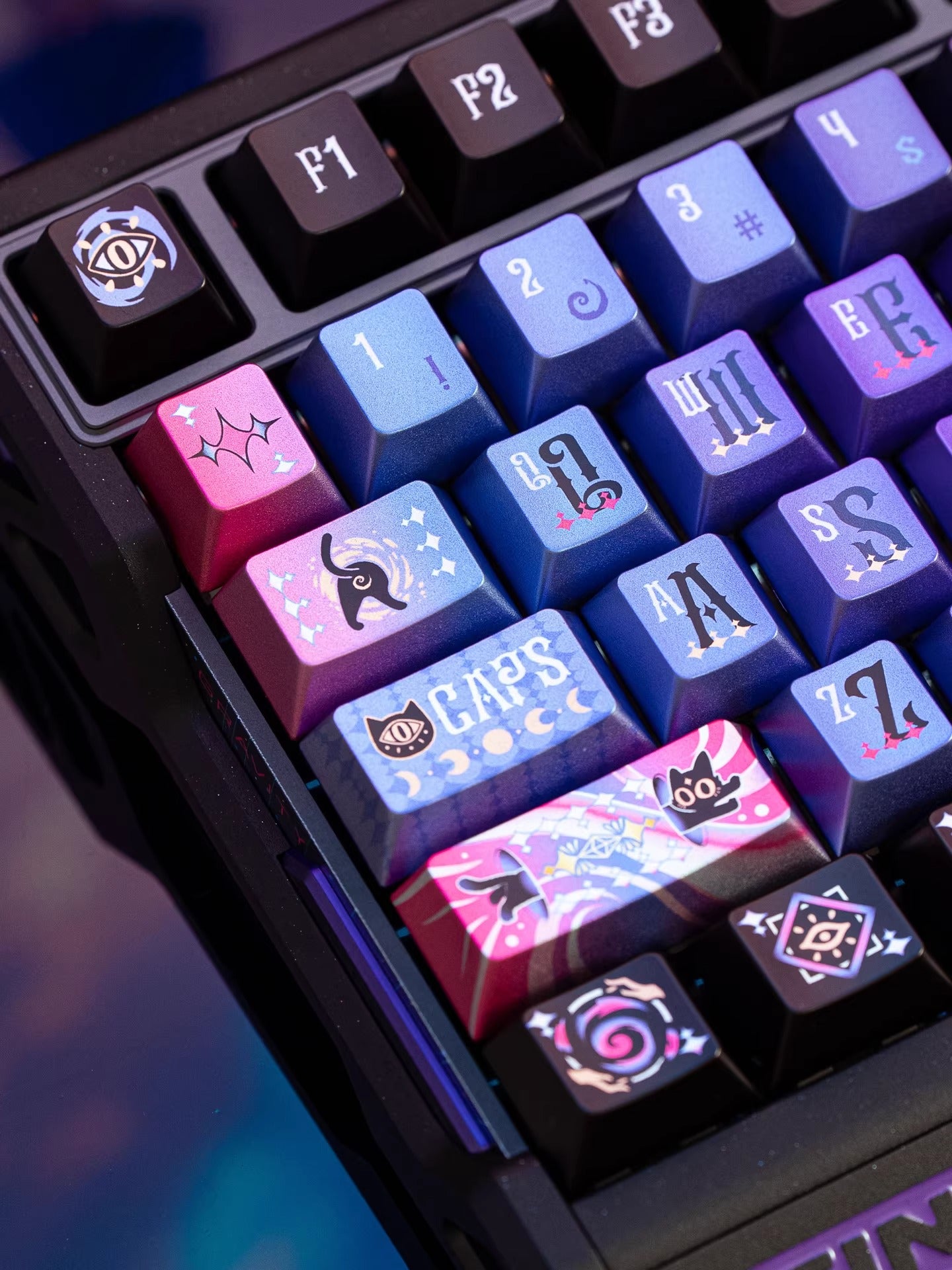 Secret Olympics Purple Black Cat Metal Paint PBT Customized Heat Sublimation Keycap Game Esports Mechanical Keyboard Decorative Keycap Set