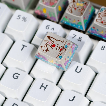 Pok é mon series, Pikachu themed design, keycaps made of aluminum alloy material CNC integrated precision machining personalized keycaps, mechanical keyboard decorative keycaps