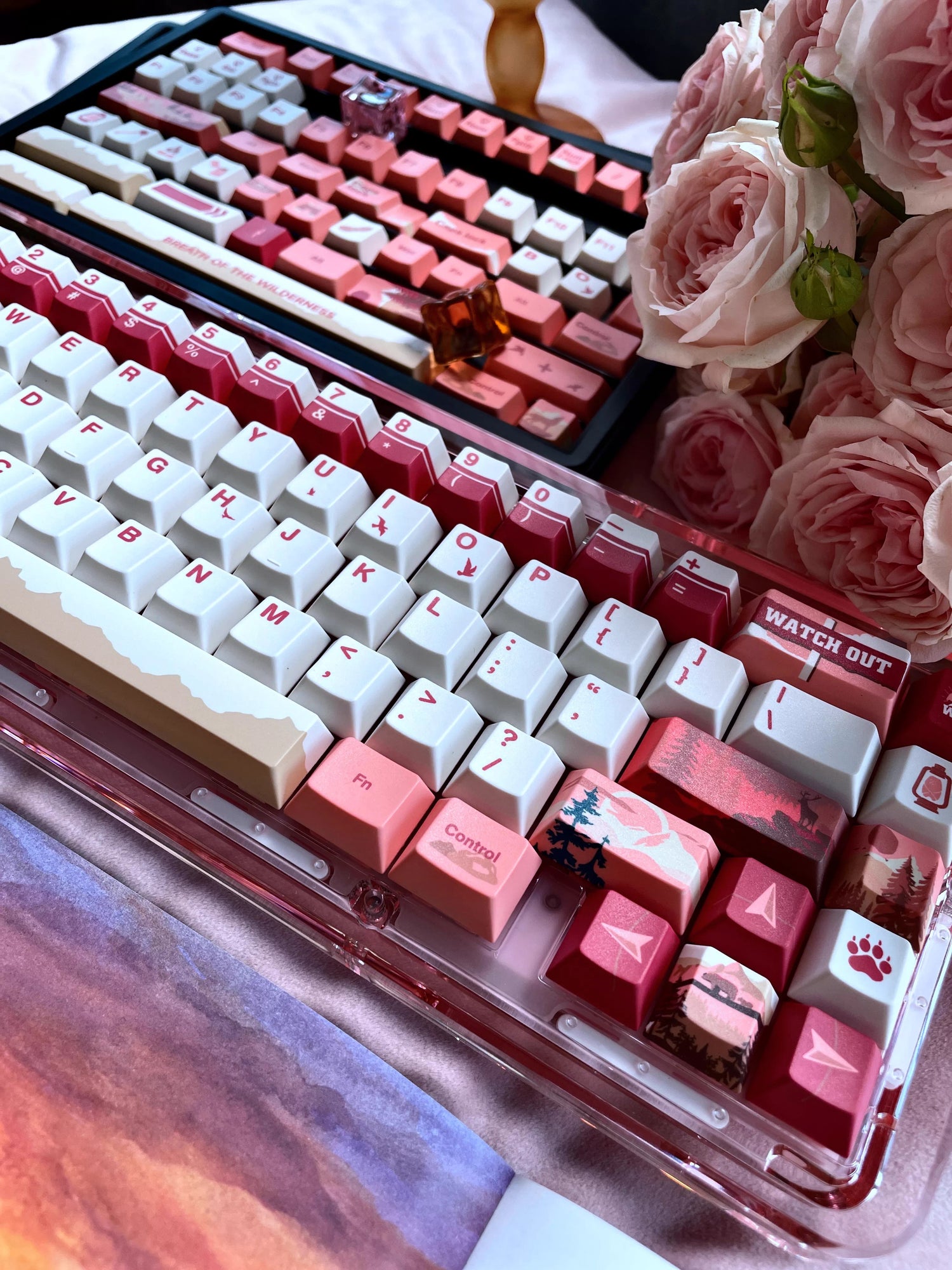 Personalized keycap set with Twilight Wilderness theme, featuring a red main tone and original high PBT material for personalized customization of mechanical keyboard keycaps