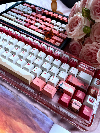 Personalized keycap set with Twilight Wilderness theme, featuring a red main tone and original high PBT material for personalized customization of mechanical keyboard keycaps