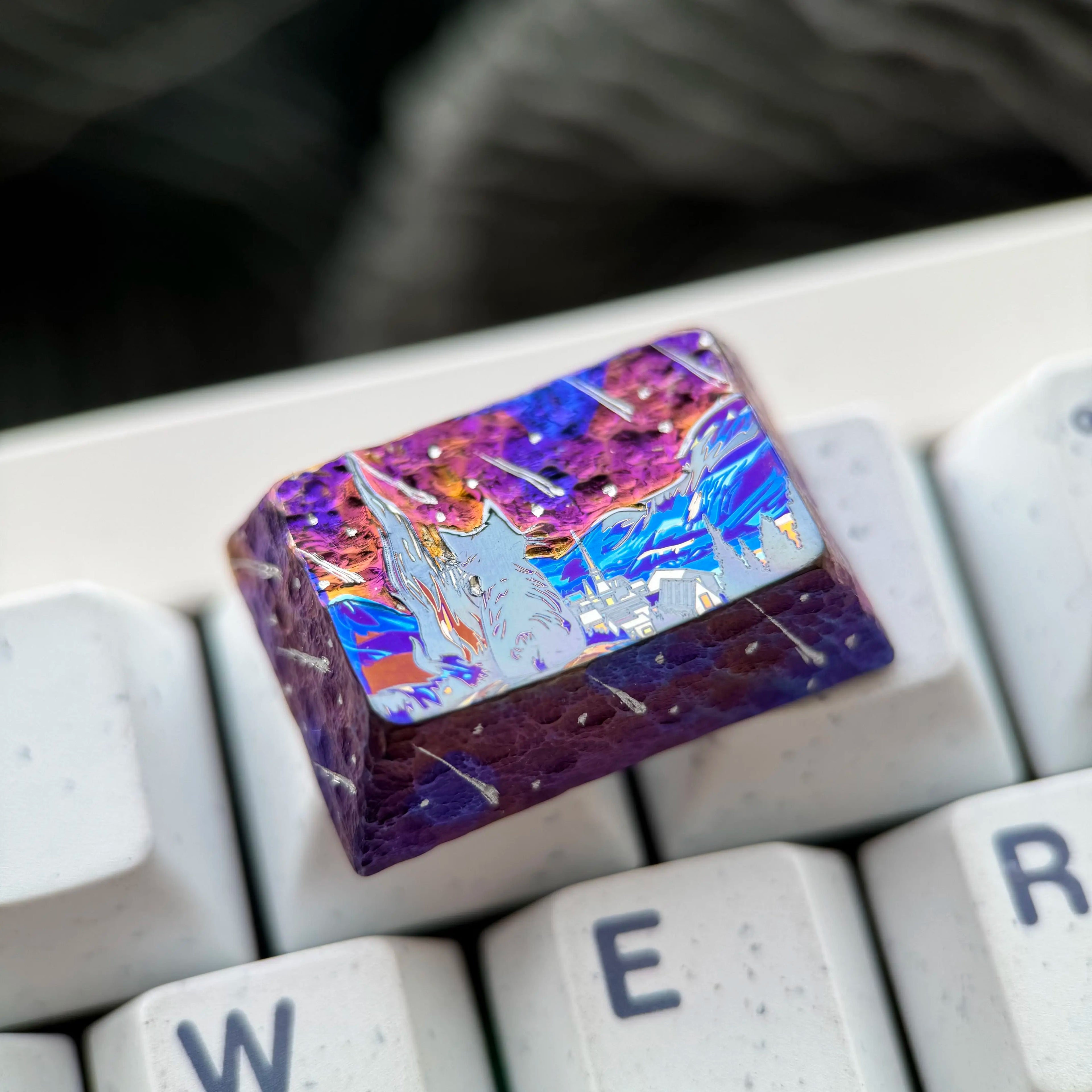 Starry Sky Cat Series, Purple Starry Sky Meteor Theme Titanium Alloy Hand Carved Titanium Alloy Personalized Keycaps, Fairy Tale Creative Decorative Keycaps Metal Art Keycaps