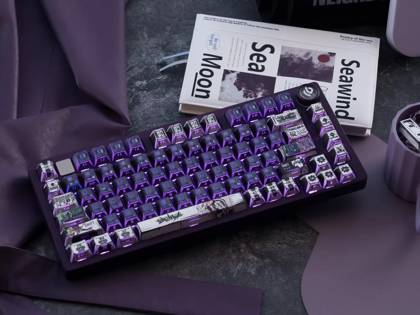 EVA series, EVANGELION-01 theme, comic style PBT keycap with folded edges and transparent five sided heat sublimation mechanical keyboard decoration keycap, compatible with 61/64/68/75/84/87/104 key mechanical keyboard keycap set