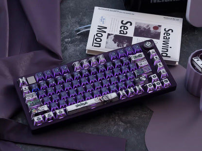 EVA series, EVANGELION-01 theme, comic style PBT keycap with folded edges and transparent five sided heat sublimation mechanical keyboard decoration keycap, compatible with 61/64/68/75/84/87/104 key mechanical keyboard keycap set