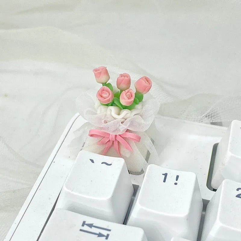 Handmade soft clay tulips, lace bouquets personalized keycaps, Valentine&