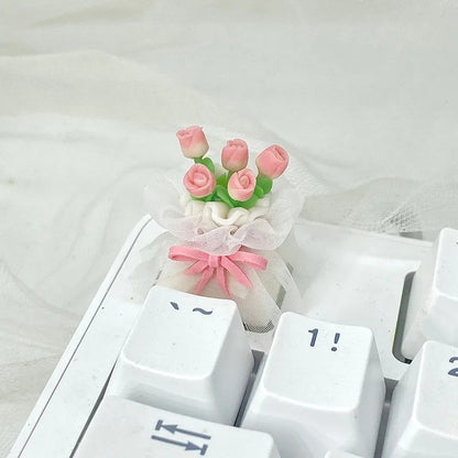 Handmade soft clay tulips, lace bouquets personalized keycaps, Valentine&