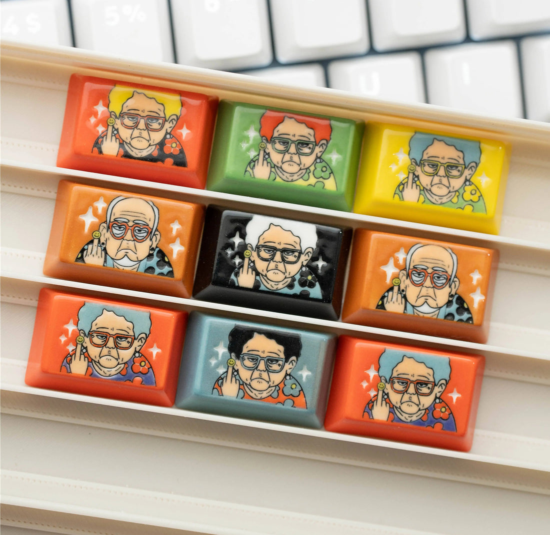 Grandpa and grandma are in a good mood. Illustration theme, hand drawn, creative underglaze color, ceramic keycaps, niche creativity, personalized keycaps, mechanical keyboards, DIY accessories, trendy customization, decorative keycaps