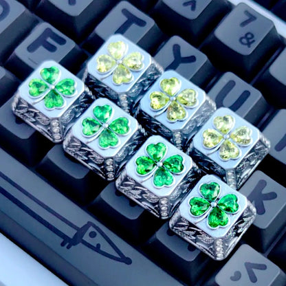 Lucky Four Leaves Clover, metal gemstone combined with personalized keycaps, lucky item mechanical keyboard decorative keycaps.