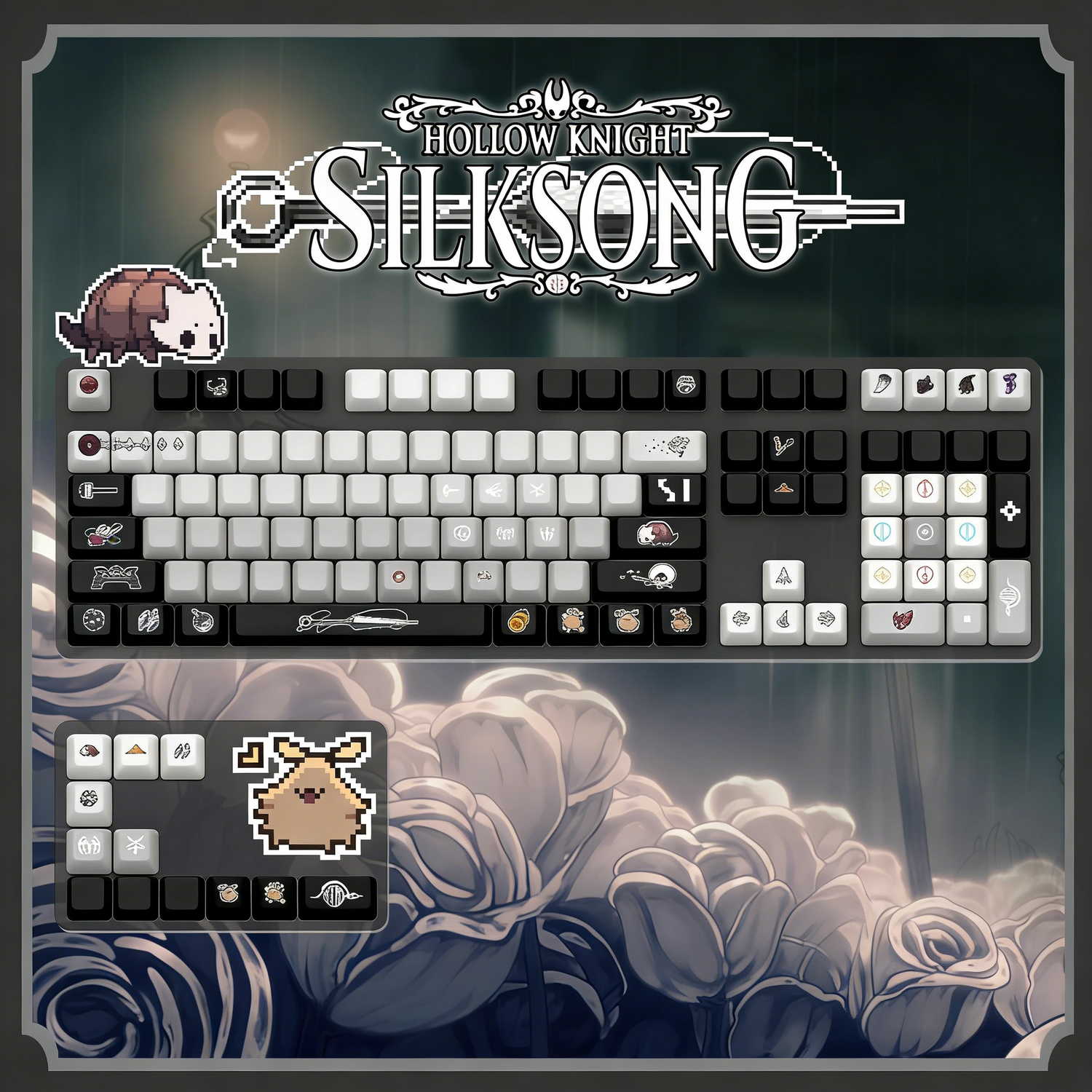 Hollow Knight: Silksong Theme, Personalized Key Cap Set PBT Material Game Key Cap Set, Mechanical Keyboard Personalized Key Cap Set, Suitable for 61/64/68/75/84/87/104 Key Mechanical Keyboard