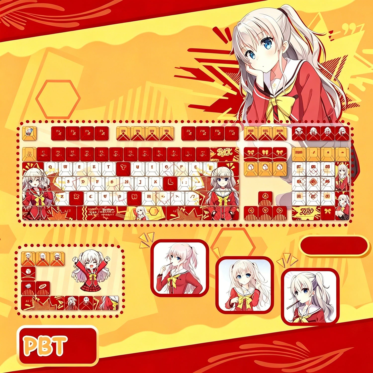 Charlotte‌  theme,Tomori Nao， PBT material personalized keycap set, anime keycap culture peripheral mechanical keyboard decoration keycaps， Compatible with 61/64/68/75/84/87/104 key mechanical keyboard keycap set