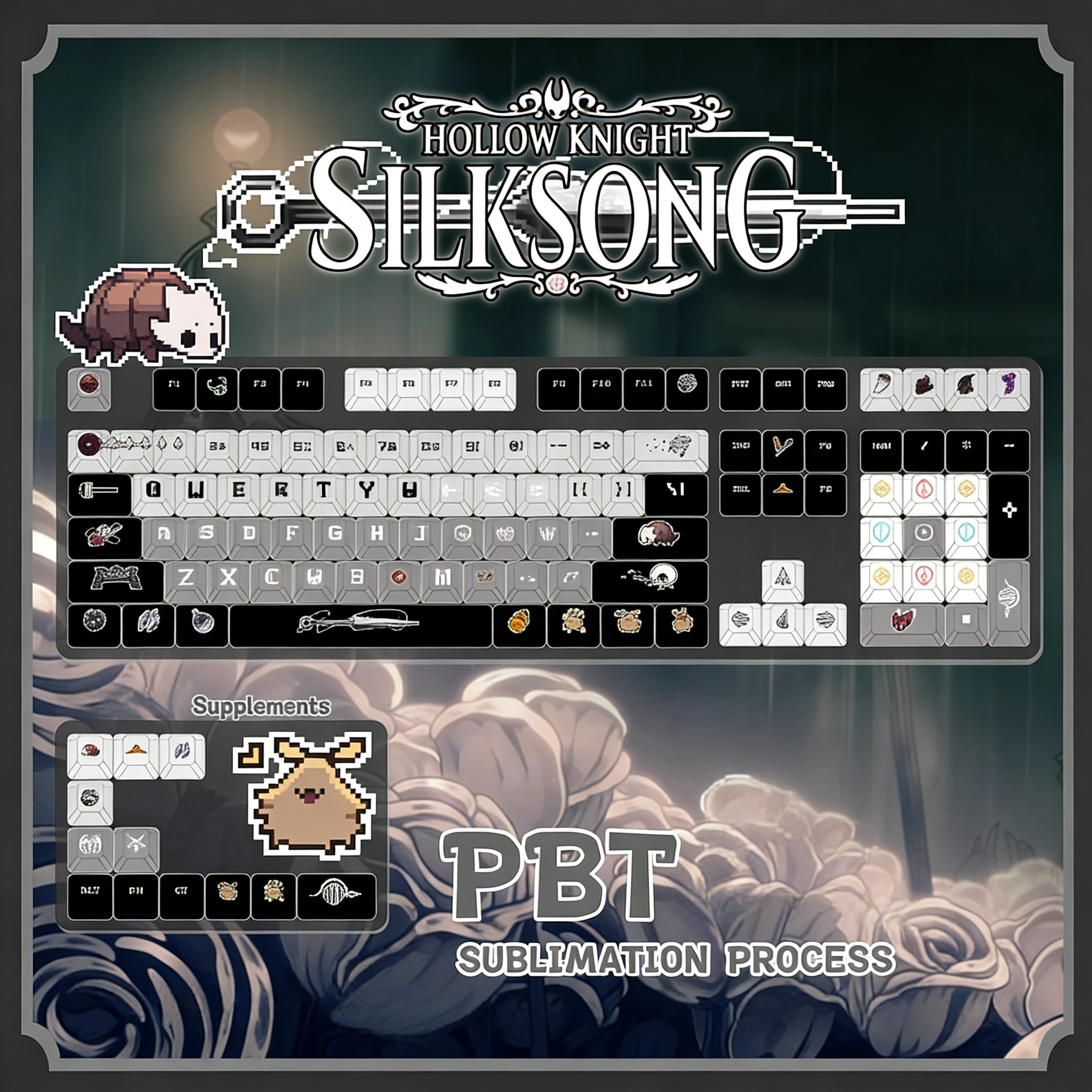 Hollow Knight: Silksong Theme, Personalized Key Cap Set PBT Material Game Key Cap Set, Mechanical Keyboard Personalized Key Cap Set, Suitable for 61/64/68/75/84/87/104 Key Mechanical Keyboard