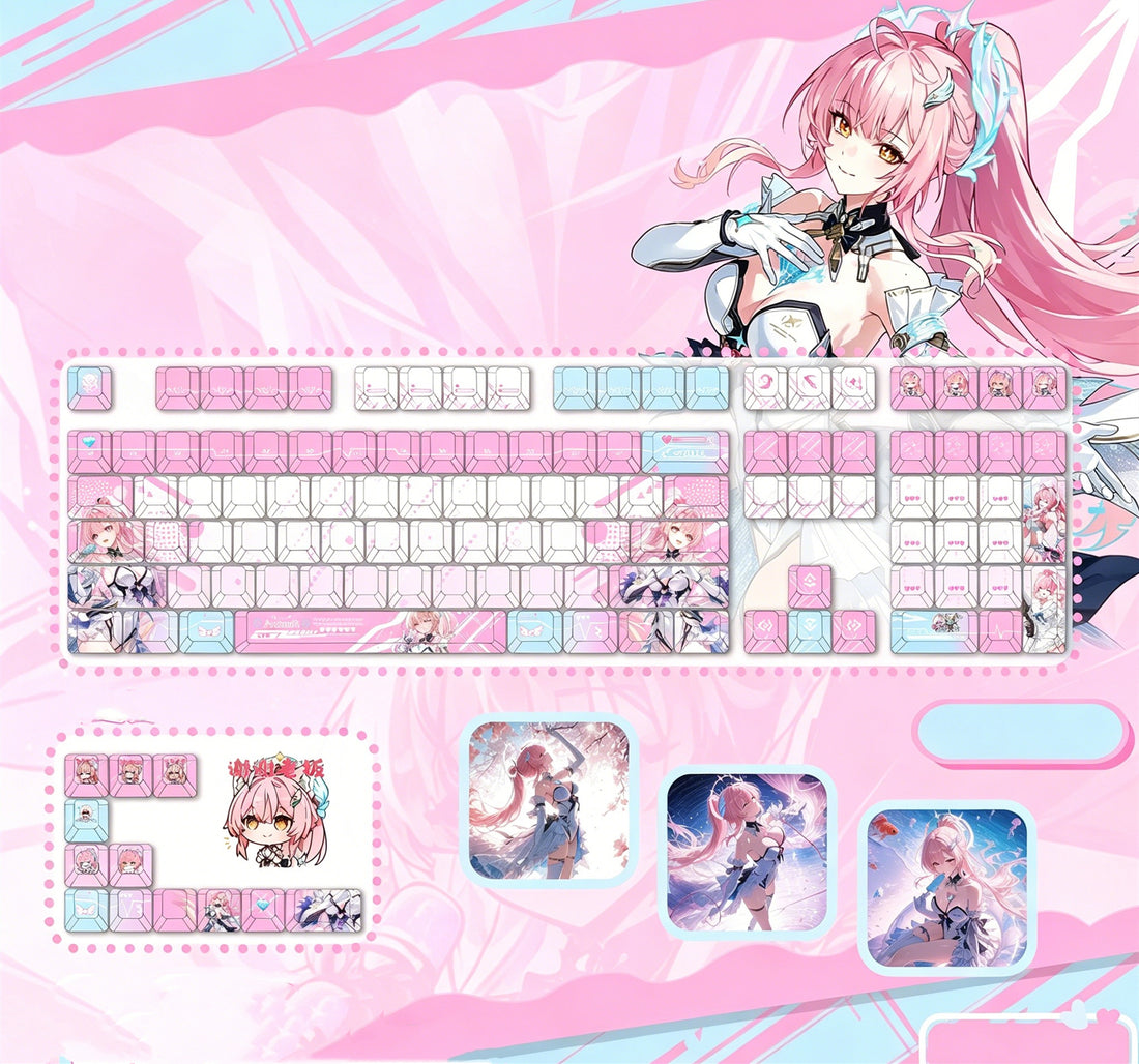 Wuthering Waves series, Aemeath theme, PBT material personalized keycap set, anime keycap culture peripheral mechanical keyboard decoration keycaps， Compatible with 61/64/68/75/84/87/104 key mechanical keyboard keycap set