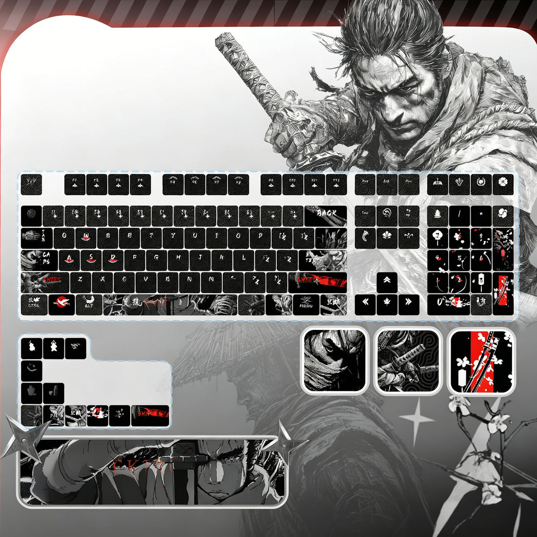 Sekiro: Shadows Die Twice theme, PBT material personalized keycap set, anime keycap culture peripheral mechanical keyboard decoration keycaps， Compatible with 61/64/68/75/84/87/104 key mechanical keyboard keycap set