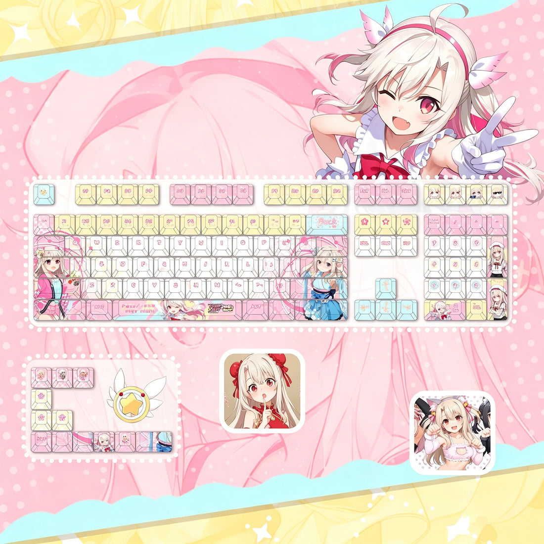 Fate/kaleid liner series, Illyasviel von Einzbern theme, PBT material personalized keycap set, anime keycap culture peripheral mechanical keyboard decoration keycaps， Compatible with 61/64/68/75/84/87/104 key mechanical keyboard keycap set