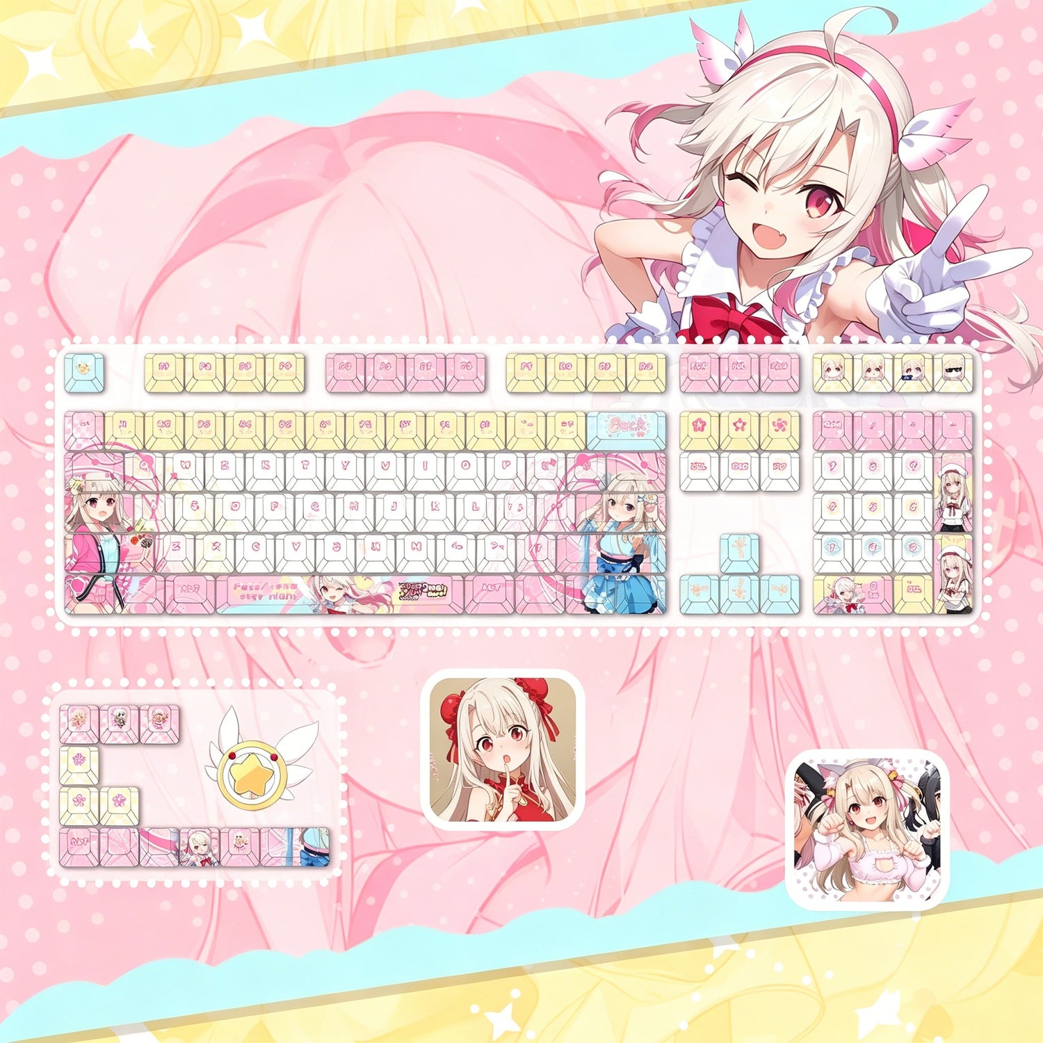 Fate/kaleid liner series, Illyasviel von Einzbern theme, PBT material personalized keycap set, anime keycap culture peripheral mechanical keyboard decoration keycaps， Compatible with 61/64/68/75/84/87/104 key mechanical keyboard keycap set