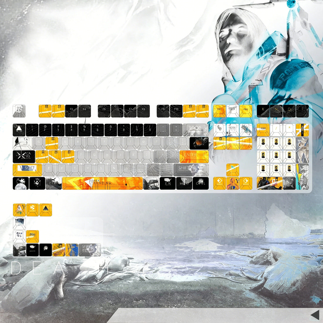 Death Stranding theme, PBT material personalized keycap set, anime keycap culture peripheral mechanical keyboard decoration keycaps， Compatible with 61/64/68/75/84/87/104 key mechanical keyboard keycap set