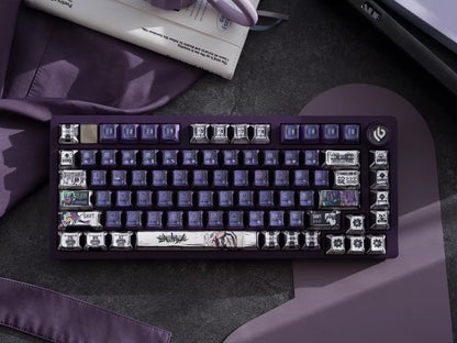EVA series, EVANGELION-01 theme, comic style PBT keycap with folded edges and transparent five sided heat sublimation mechanical keyboard decoration keycap, compatible with 61/64/68/75/84/87/104 key mechanical keyboard keycap set