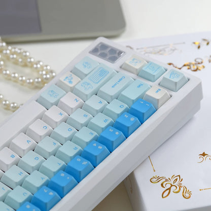 Leisure rabbit themed design mechanical keyboard keycaps in blue and white color scheme, PBT material personalized keycap set, mechanical keyboard replacement decorative keycaps, compatible with 61/64/68/75/84/87/104 key mechanical keyboard