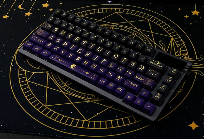 Night Sky Fantasy Theme Design with Large Characters PBT material personalized keycap set, mechanical keyboard replacement decorative keycaps, Starry Sky Divination Keycaps Compatible with 61/64/68/75/84/87/104 Key Mechanical Keyboards