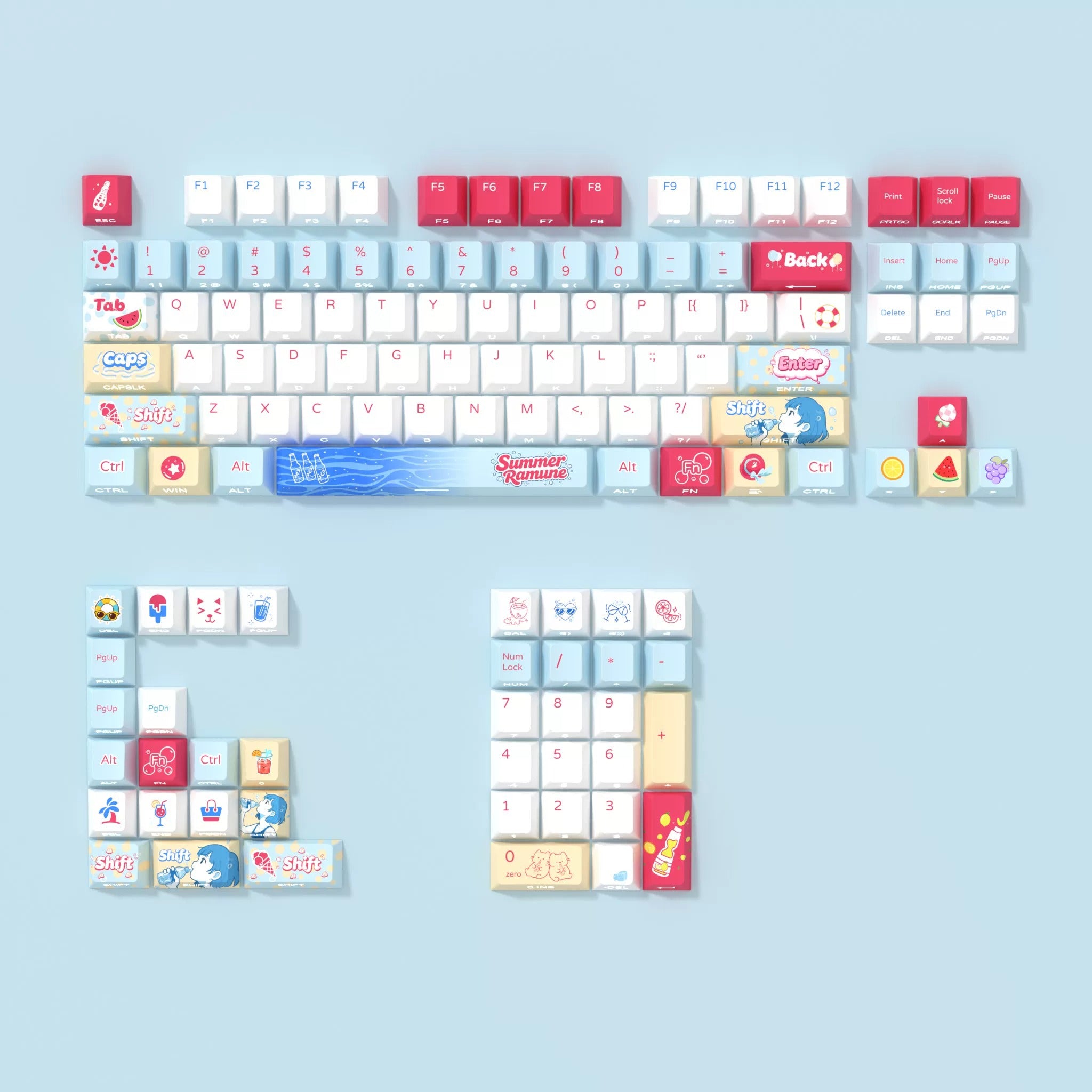 Lamune themed series, summer themed keycap set, PBT material personalized keycap set, anime and games cultural creative decoration keycap set, compatible with 61/64/68/75/84/87/104 mechanical keyboard