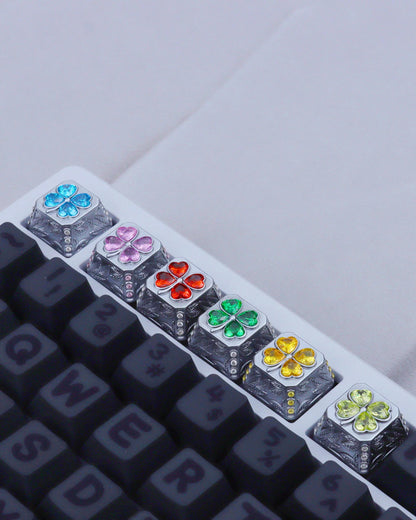 Lucky Four Leaves Clover, metal gemstone combined with personalized keycaps, lucky item mechanical keyboard decorative keycaps.