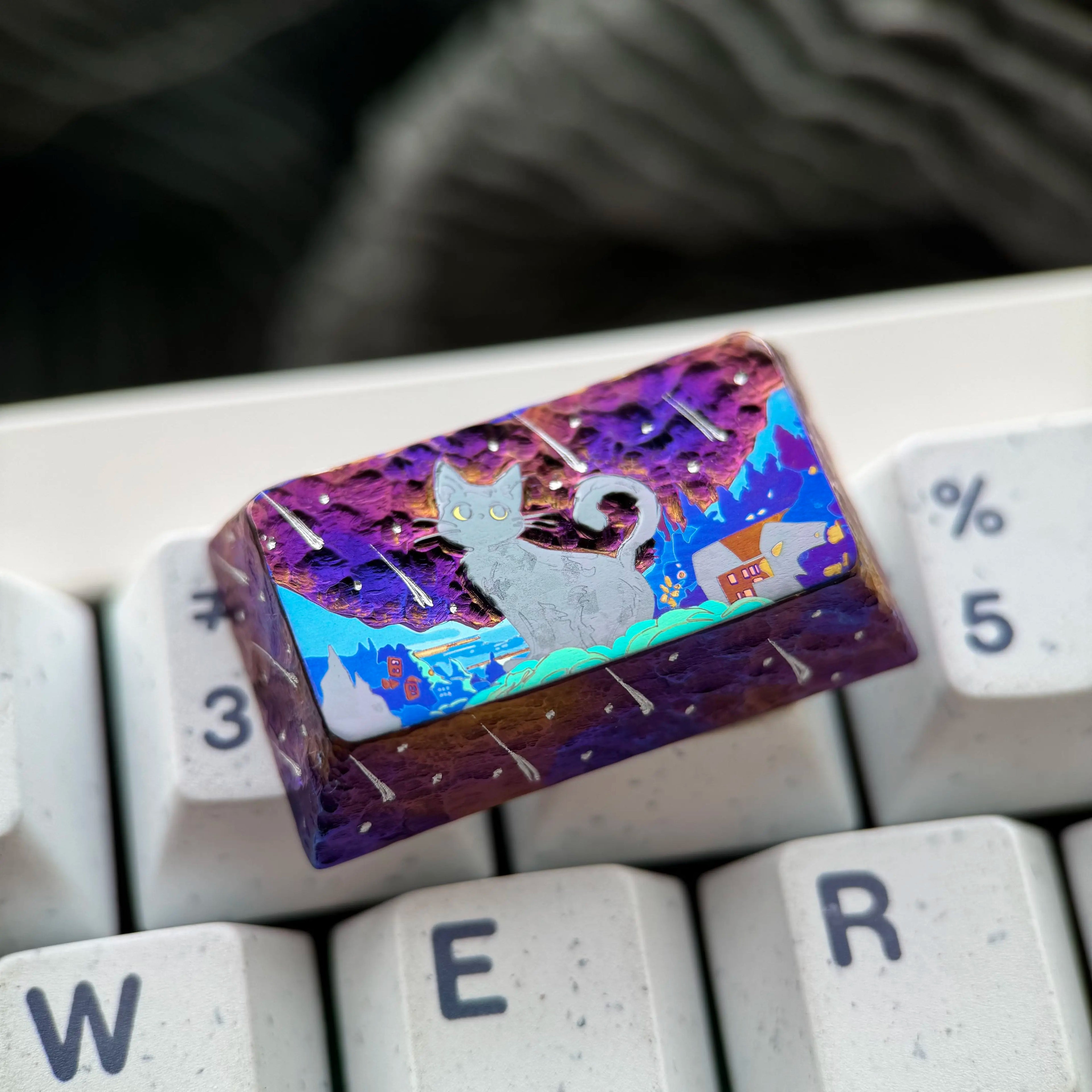 Starry Sky Cat Series, Purple Starry Sky Meteor Theme Titanium Alloy Hand Carved Titanium Alloy Personalized Keycaps, Fairy Tale Creative Decorative Keycaps Metal Art Keycaps