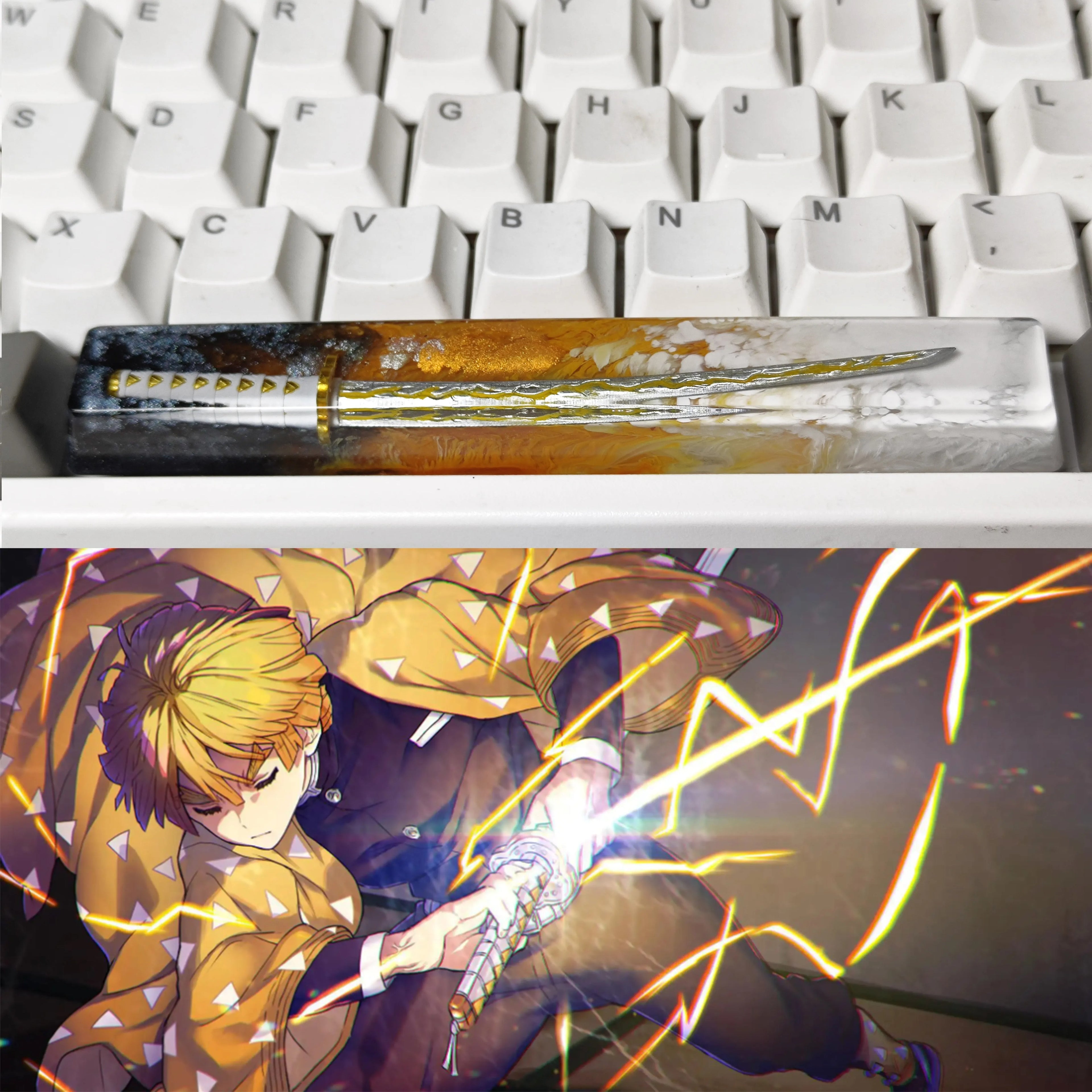 Demon Slayer: Kimetsu No Yaiba, Crystal resin samurai sword, 6.25U space bar personalized keycap, anime and game culture creative custom decorative keycap