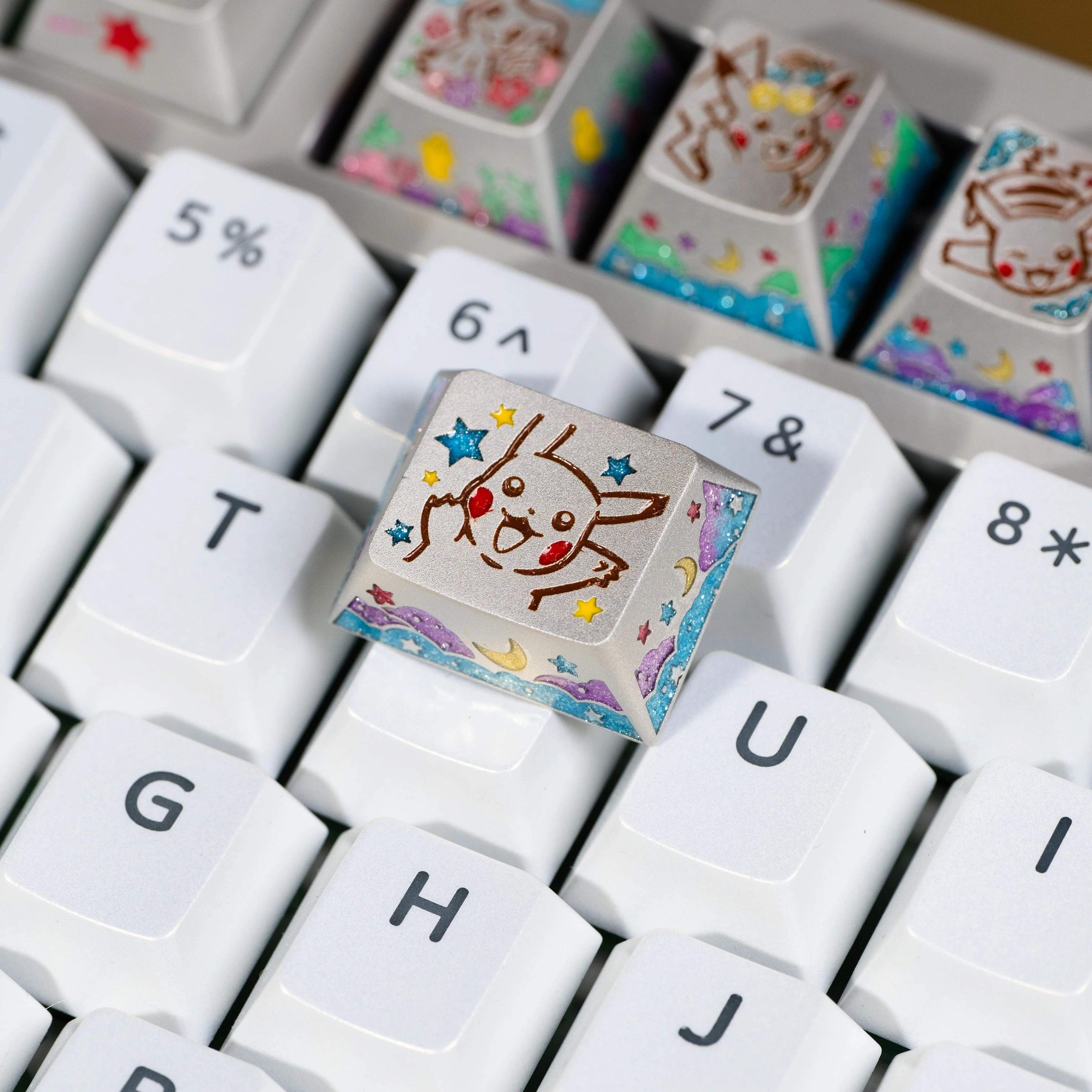 Pok é mon series, Pikachu themed design, keycaps made of aluminum alloy material CNC integrated precision machining personalized keycaps, mechanical keyboard decorative keycaps