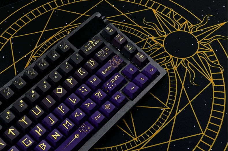 Night Sky Fantasy Theme Design with Large Characters PBT material personalized keycap set, mechanical keyboard replacement decorative keycaps, Starry Sky Divination Keycaps Compatible with 61/64/68/75/84/87/104 Key Mechanical Keyboards