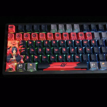 NARUTO，Uchiha Itachi theme, PBT material personalized keycaps, mechanical keyboard replacement keycap set, anime and game cultural and creative keycaps set, Compatible with 61/64/68/75/84/87/104 Key Mechanical Keyboard Keycap Set