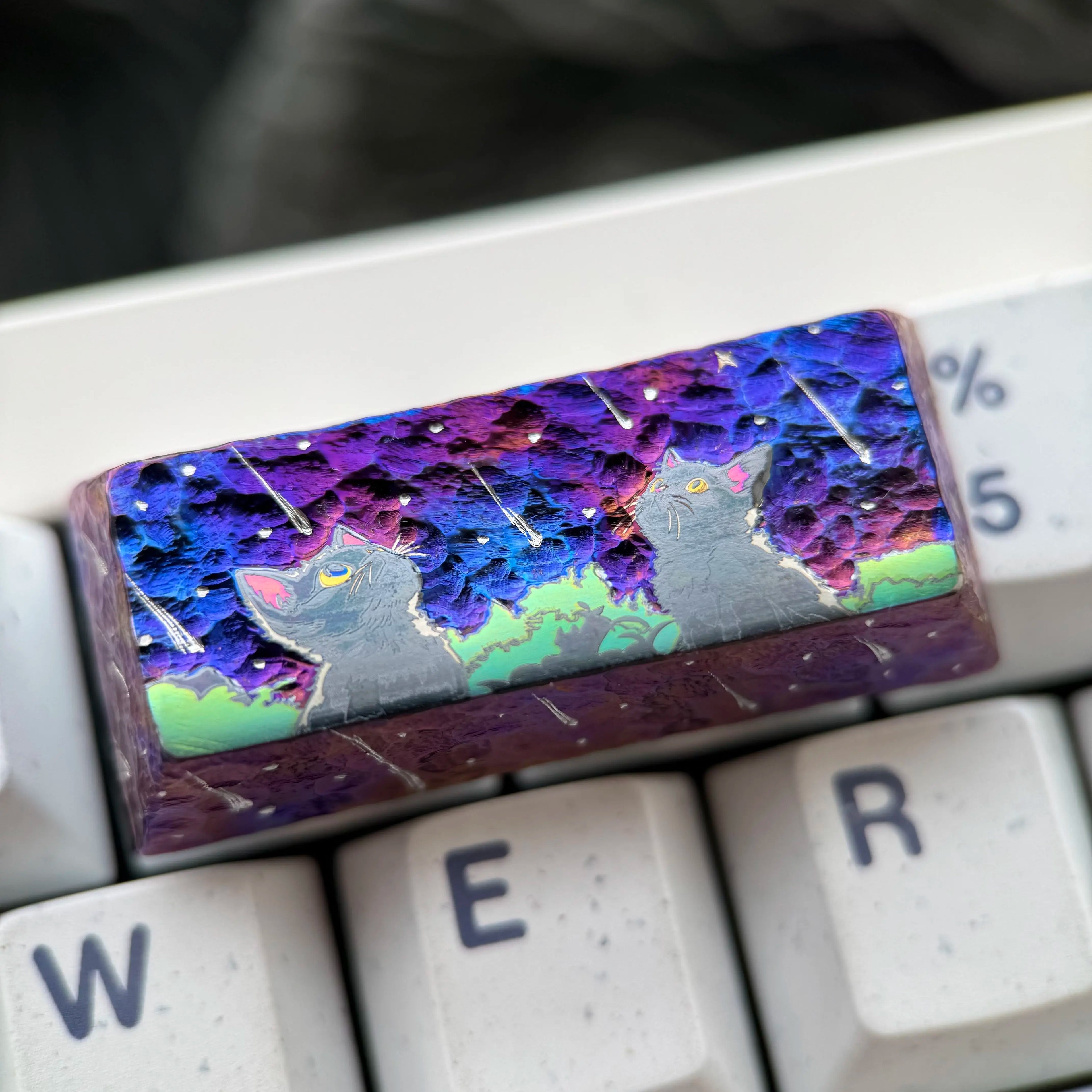 Starry Sky Cat Series, Purple Starry Sky Meteor Theme Titanium Alloy Hand Carved Titanium Alloy Personalized Keycaps, Fairy Tale Creative Decorative Keycaps Metal Art Keycaps
