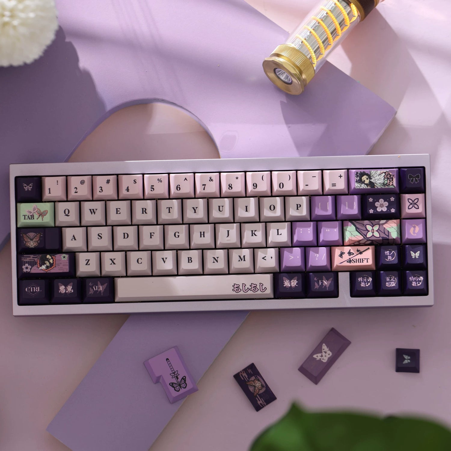Demon Slayer: Kimetsu no Yaiba series, Kochou Shinobu theme, original high PBT material keycaps, full five sided thermal sublimation process mechanical keyboard custom set keycaps