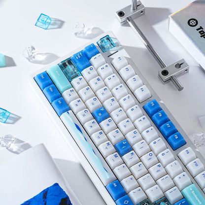 Ocean View theme design. PC semi transparent material personalized key cap set, blue ocean themed cultural creative decorative keycaps, compatible with 61/64/68/75/84/87/104 key mechanical keyboard