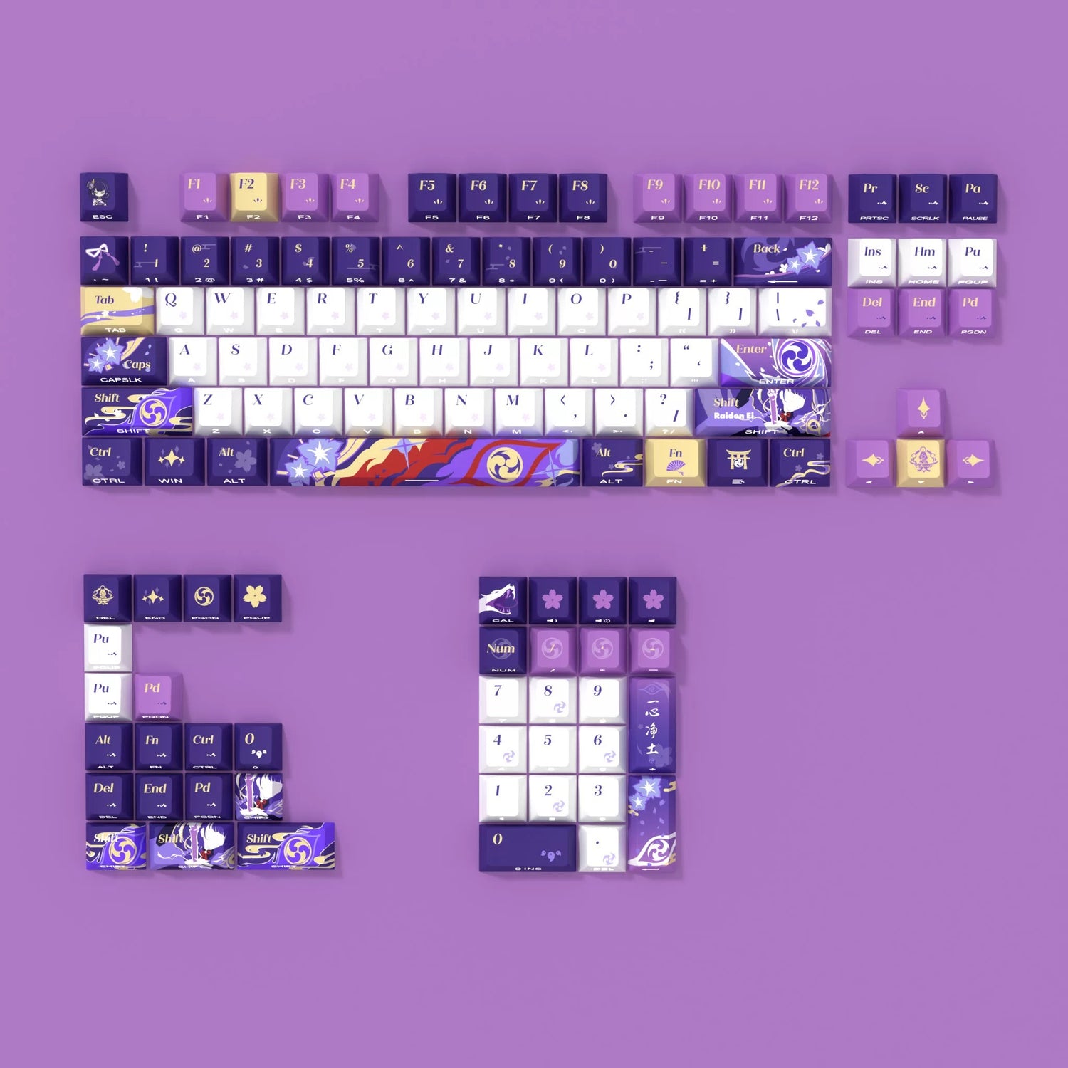 Genshin Impact themed series, Raiden Shogun themed keycap set, PBT material personalized keycap set, anime and games cultural creative decoration keycap set, compatible with 61/64/68/75/84/87/104 mechanical keyboard