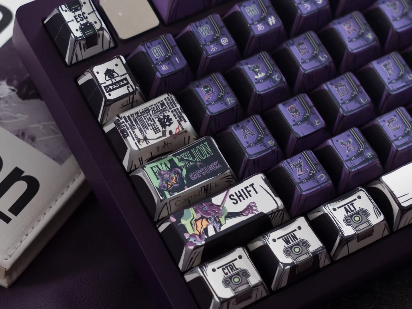 EVA series, EVANGELION-01 theme, comic style PBT keycap with folded edges and transparent five sided heat sublimation mechanical keyboard decoration keycap, compatible with 61/64/68/75/84/87/104 key mechanical keyboard keycap set