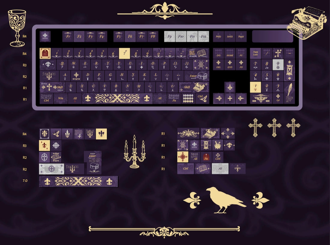 Faust Contract Theme Design, Purple Set, Metallic Paint PBT material personalized keycap set, anime and games cultural creative decoration keycap set, compatible with 61/64/68/75/84/87/104 mechanical keyboard