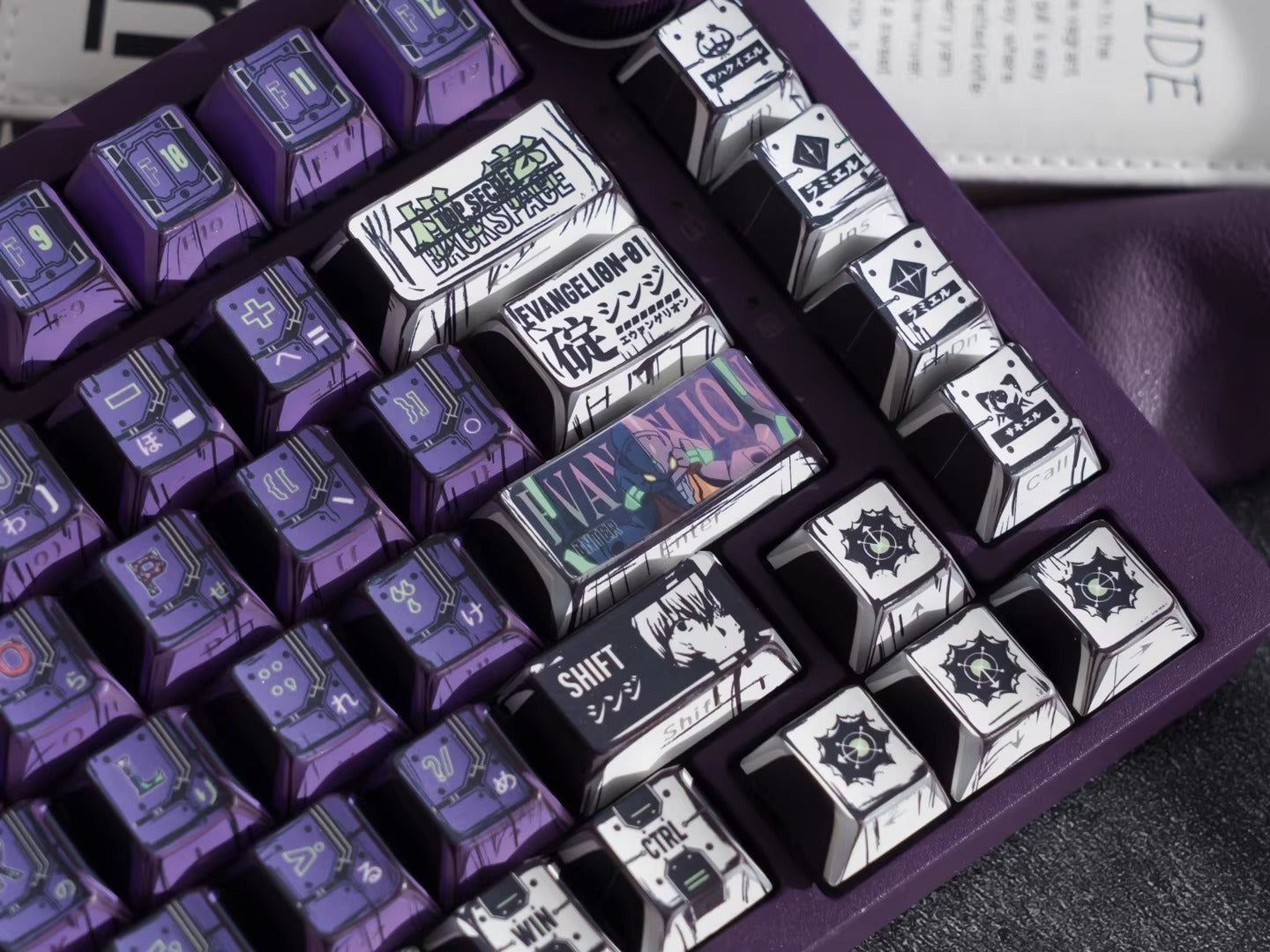 EVA series, EVANGELION-01 theme, comic style PBT keycap with folded edges and transparent five sided heat sublimation mechanical keyboard decoration keycap, compatible with 61/64/68/75/84/87/104 key mechanical keyboard keycap set