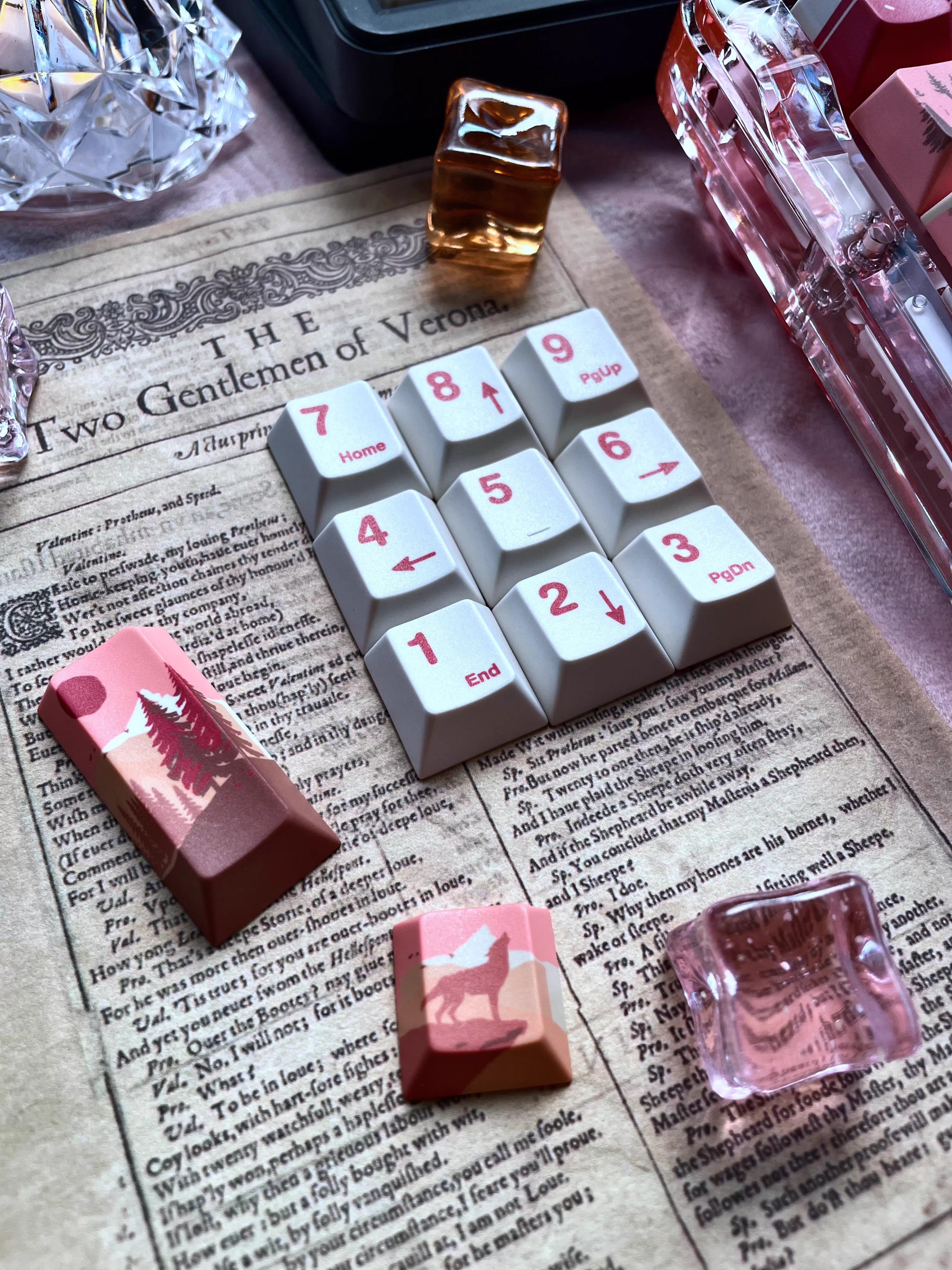 Personalized keycap set with Twilight Wilderness theme, featuring a red main tone and original high PBT material for personalized customization of mechanical keyboard keycaps