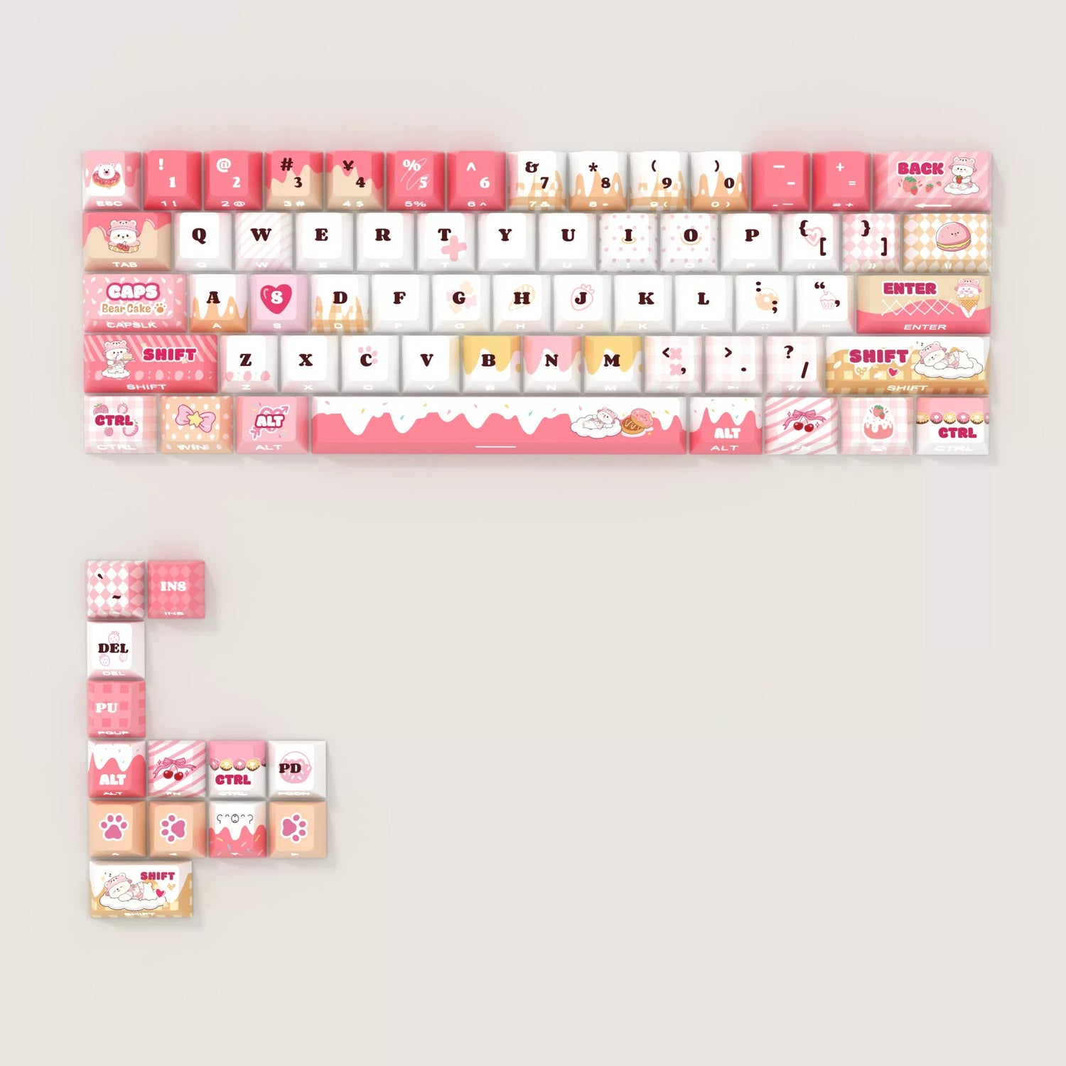 Strawberry Cake Bear Theme Keycap Set, PBT Material Personalized Keycap Set, Anime Game Culture Creative Decorative Keycap Set, Compatible with 61/64/68/75/84/87/104 Key Mechanical Keyboard