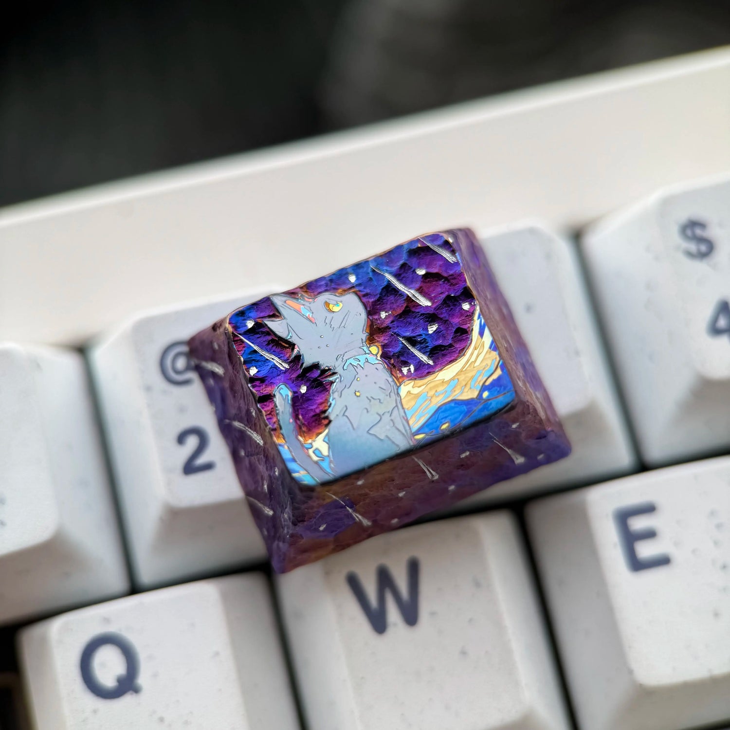 Starry Sky Cat Series, Purple Starry Sky Meteor Theme Titanium Alloy Hand Carved Titanium Alloy Personalized Keycaps, Fairy Tale Creative Decorative Keycaps Metal Art Keycaps