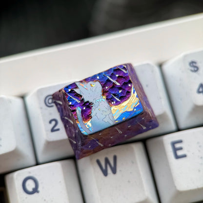 Starry Sky Cat Series, Purple Starry Sky Meteor Theme Titanium Alloy Hand Carved Titanium Alloy Personalized Keycaps, Fairy Tale Creative Decorative Keycaps Metal Art Keycaps