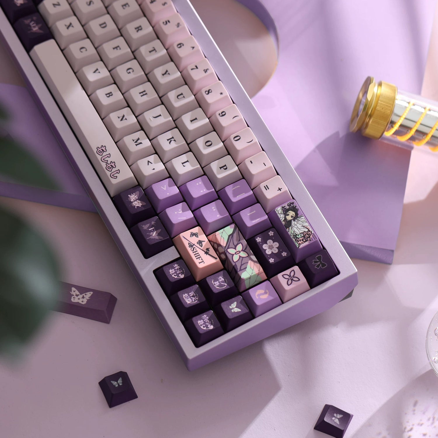 Demon Slayer: Kimetsu no Yaiba series, Kochou Shinobu theme, original high PBT material keycaps, full five sided thermal sublimation process mechanical keyboard custom set keycaps