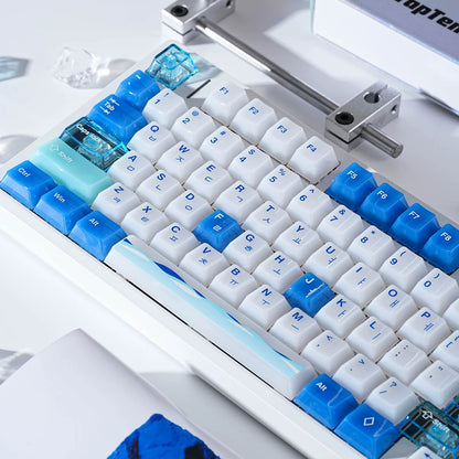 Ocean View theme design. PC semi transparent material personalized key cap set, blue ocean themed cultural creative decorative keycaps, compatible with 61/64/68/75/84/87/104 key mechanical keyboard