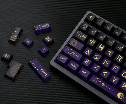 Night Sky Fantasy Theme Design with Large Characters PBT material personalized keycap set, mechanical keyboard replacement decorative keycaps, Starry Sky Divination Keycaps Compatible with 61/64/68/75/84/87/104 Key Mechanical Keyboards