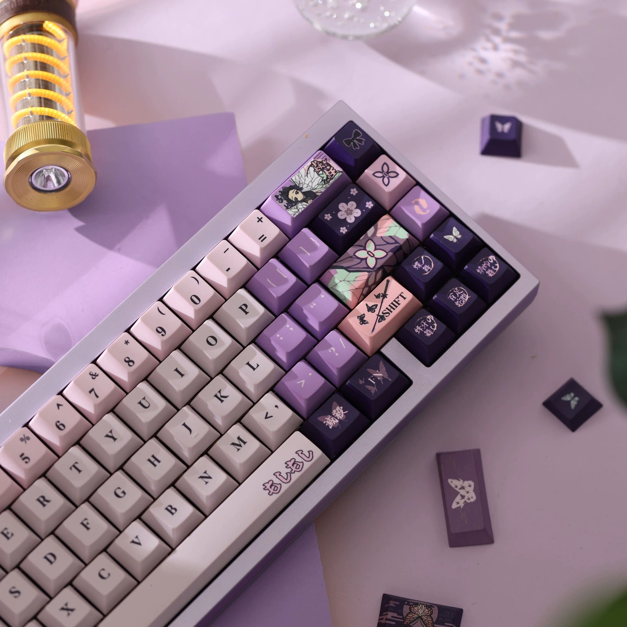 Demon Slayer: Kimetsu no Yaiba series, Kochou Shinobu theme, original high PBT material keycaps, full five sided thermal sublimation process mechanical keyboard custom set keycaps