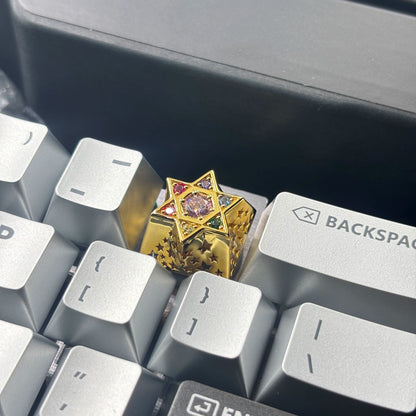 Hexagonal star, multi-color gemstone inlay, 925 sterling silver personalized keycap, hollowed out design mechanical keyboard metal decorative keycap