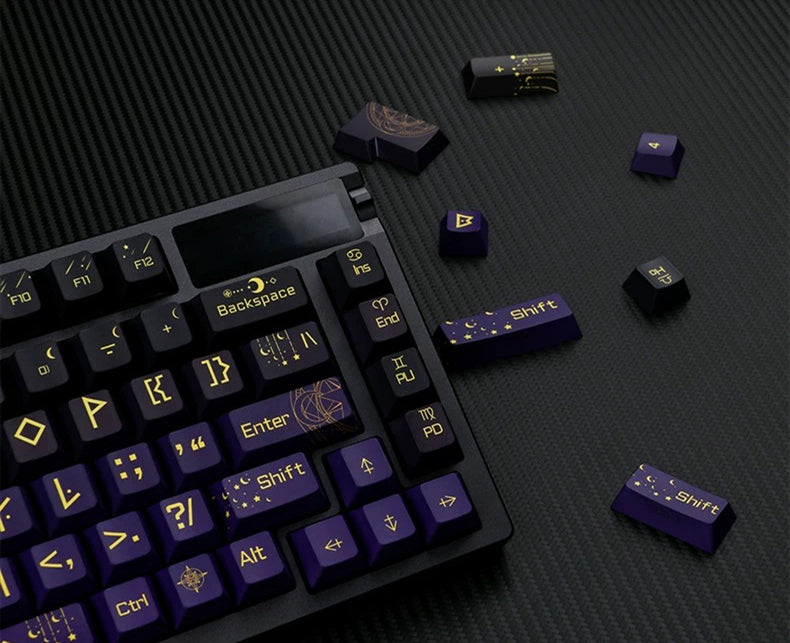 Night Sky Fantasy Theme Design with Large Characters PBT material personalized keycap set, mechanical keyboard replacement decorative keycaps, Starry Sky Divination Keycaps Compatible with 61/64/68/75/84/87/104 Key Mechanical Keyboards