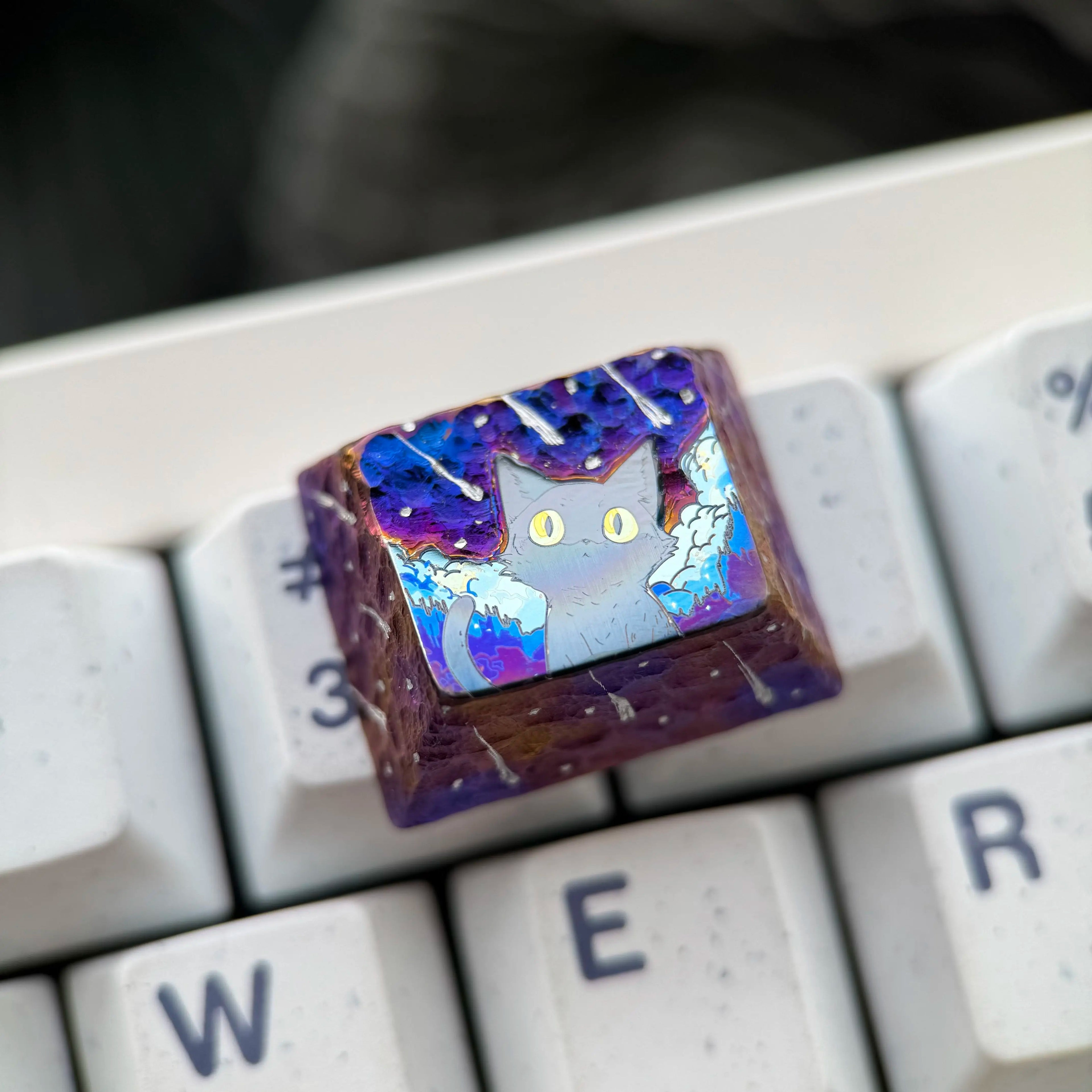 Starry Sky Cat Series, Purple Starry Sky Meteor Theme Titanium Alloy Hand Carved Titanium Alloy Personalized Keycaps, Fairy Tale Creative Decorative Keycaps Metal Art Keycaps