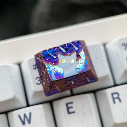 Starry Sky Cat Series, Purple Starry Sky Meteor Theme Titanium Alloy Hand Carved Titanium Alloy Personalized Keycaps, Fairy Tale Creative Decorative Keycaps Metal Art Keycaps