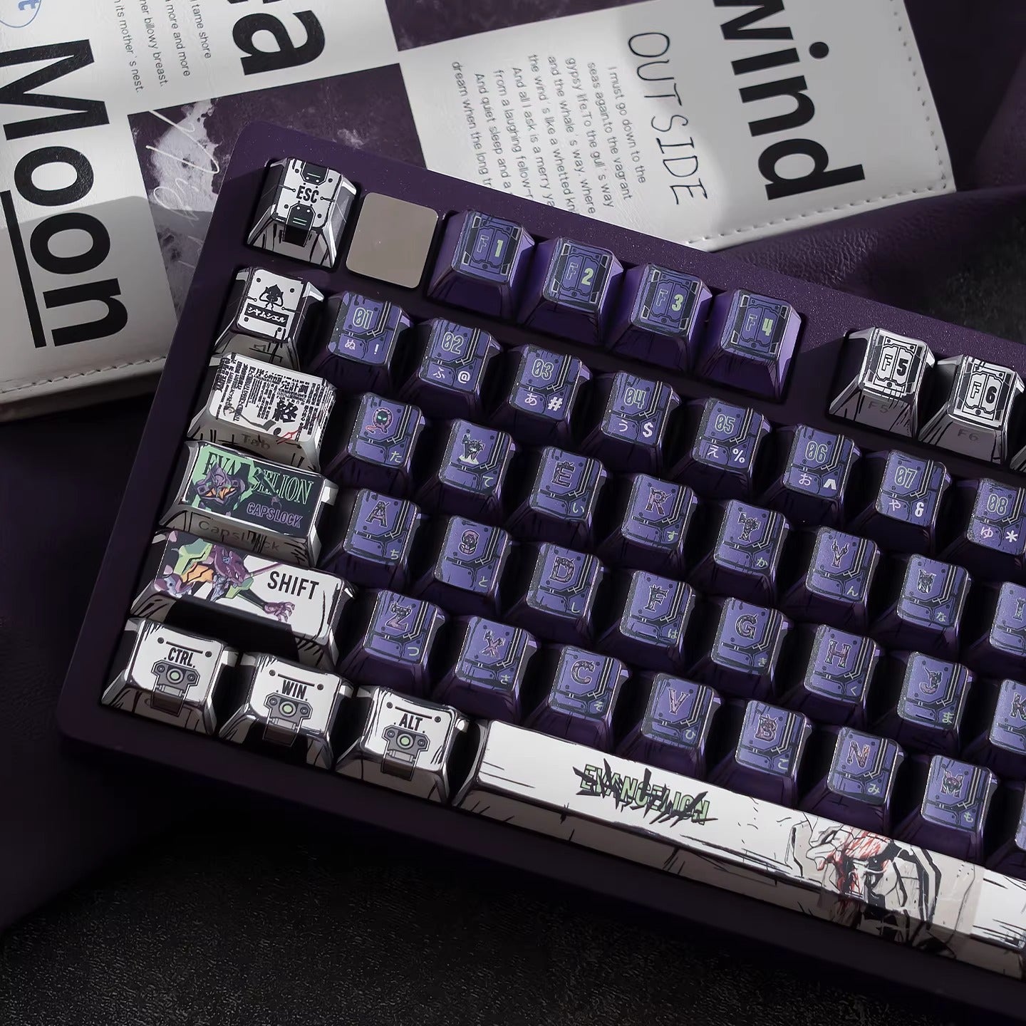EVA series, EVANGELION-01 theme, comic style PBT keycap with folded edges and transparent five sided heat sublimation mechanical keyboard decoration keycap, compatible with 61/64/68/75/84/87/104 key mechanical keyboard keycap set